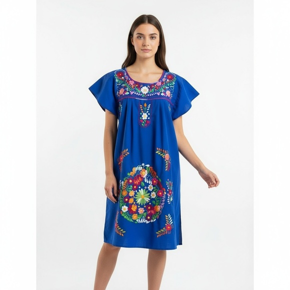 Vintage Homemade Embroidered Tunic Dress Royal Blue Bohemian Floral Embroidery S - Picture 1 of 9